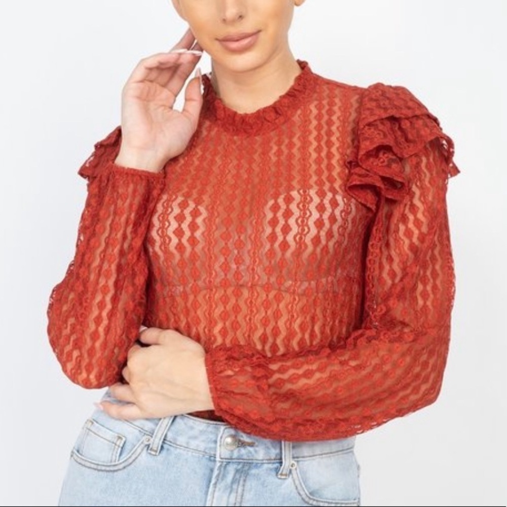 New Trendy Brick Color Sheer Crochet Mock Neck Long Sleeve Blouse